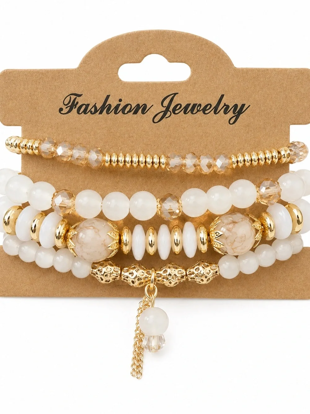 White Beaded Bracelet Stack Gold Tone Crystal Charm Boho Stretch Boutique Set
